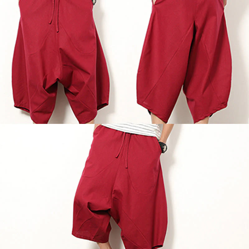 Buddha Stones Spring Plain Simple Patchwork Design Drawstring Cotton Linen Men's 7-8 Length Wide Leg Pants With Pockets