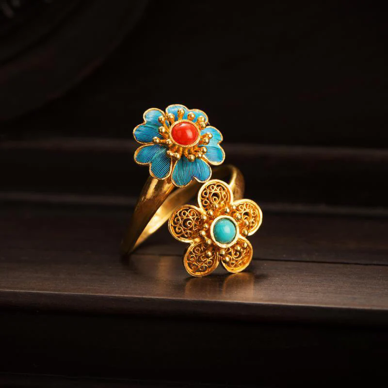 Buddha Stones Double Petals Copper Dripping Turquoise Wealth Ring