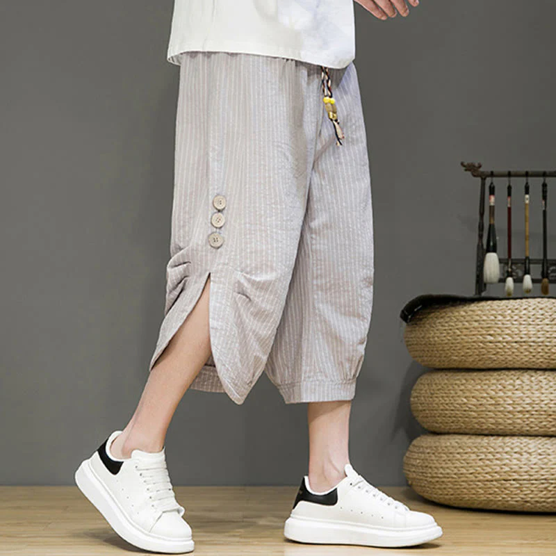 Buddha Stones Casual White Stripes Pattern Drawstring Button Design Men's Cotton Cropped Harem Pants With Pockets
