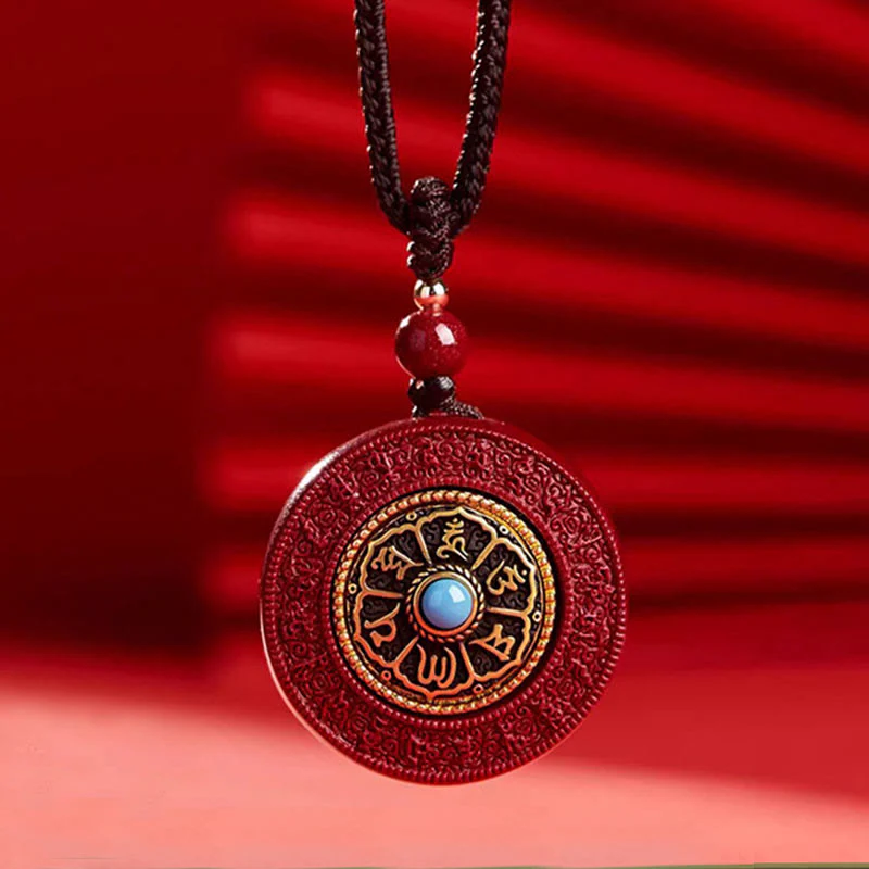 Buddha Stones Natural Cinnabar Om Mani Padme Hum Rotatable Scripture Yin Yang Pattern Blessing Necklace String Pendant