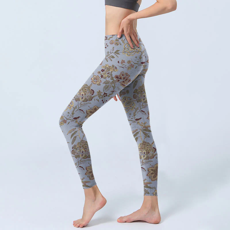 Buddha Stones Grey Green Leaves Flowers Print Gym Leggings Women's Yoga Pants
