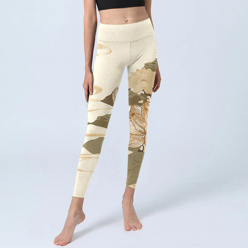 Buddha Stones Beige Lotus Flower Print Gym Fitness Leggings Women's Yoga Pants