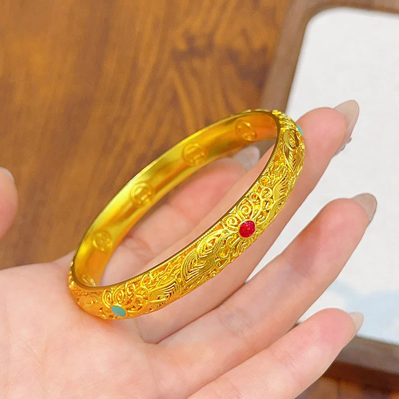 Buddha Stones Copper Plated Gold Flowers Leaves Luck Bracelet Bangle