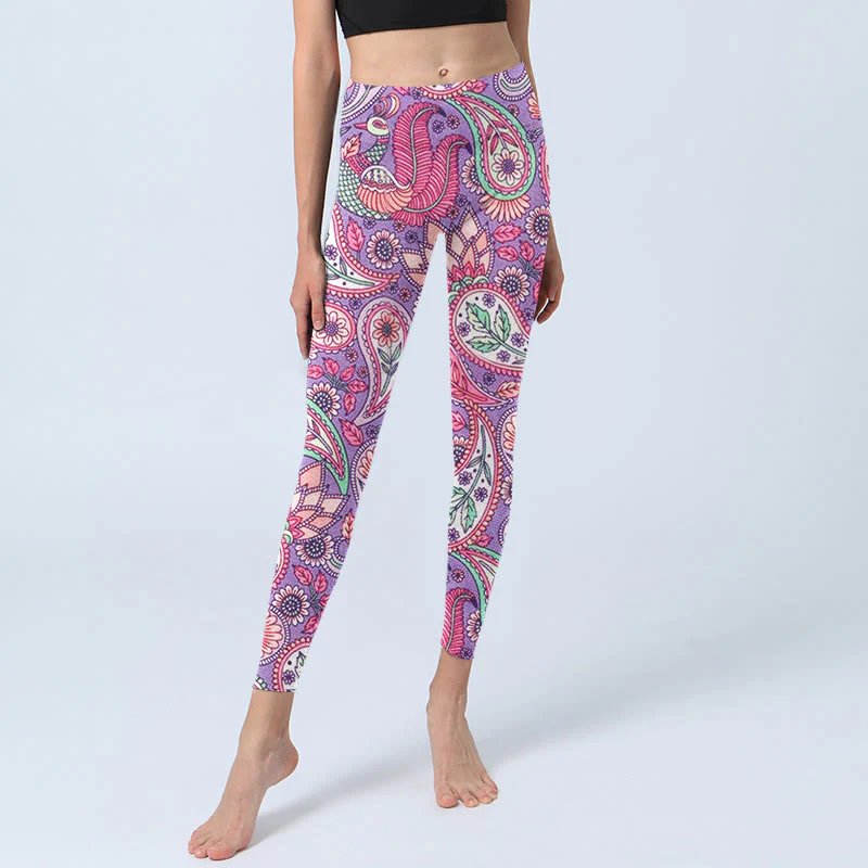 Buddha Stones Purple Pink Cashew Flower Sunflower Print Gym Fitness Leggings Women's Yoga Pants