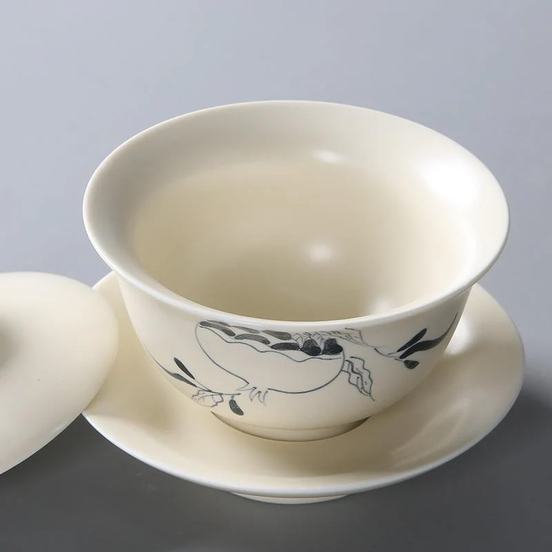 Buddha Stones Hand Painted Pomegranate Hibiscus Pine Lotus Ceramic Gaiwan Sancai Teacup Kung Fu Tea Cup And Saucer With Lid