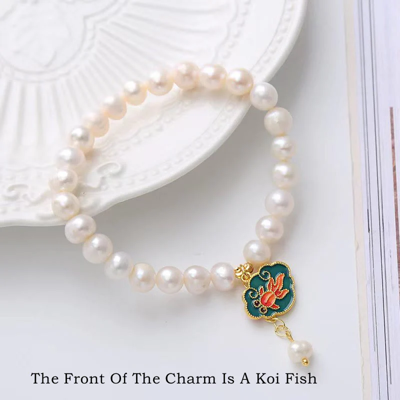 Buddha Stones Natural Pearl Lotus Koi Fish Goldfish Optimism Charm Bracelet