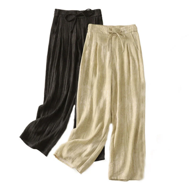 Buddha Stones Summer Plain Drawstring Zipper Design Women's Wide Leg Cotton Pants With Pockets