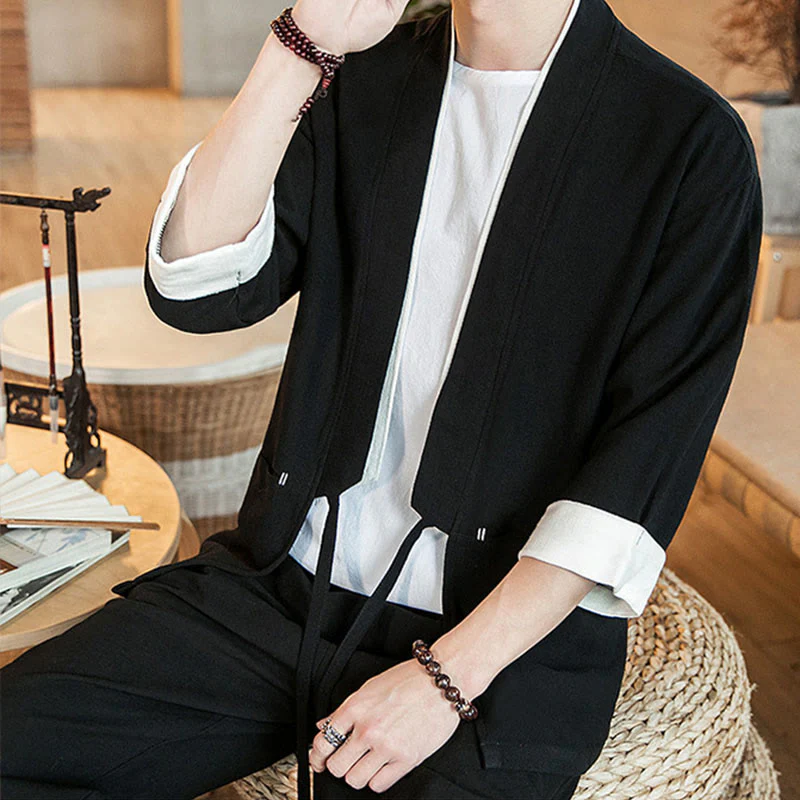 Buddha Stones Lace-Up Design Open Front Jacket Cotton Linen Men's Kimono With Pockets
