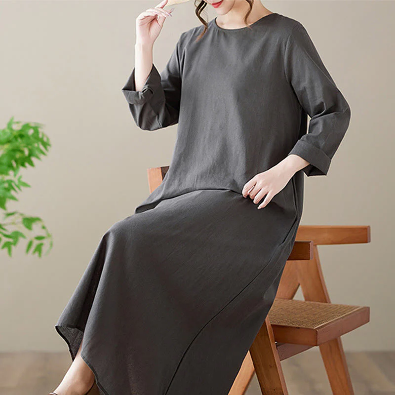 Buddha Stones Casual Plain Crew Neck Cotton Linen Midi Dress With Pockets