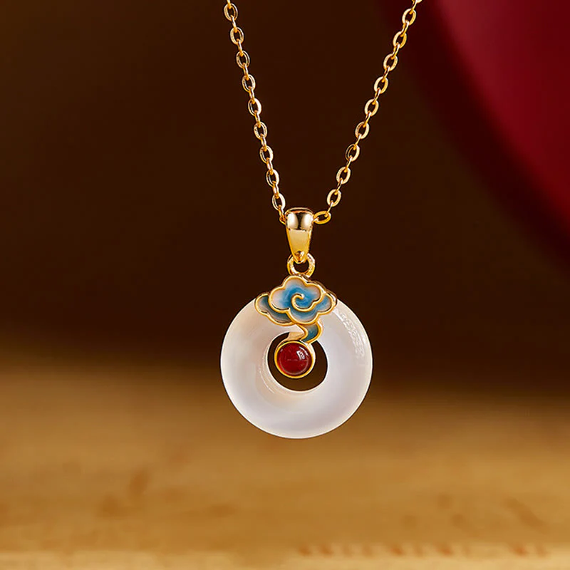 Buddha Stones 925 Sterling Silver Peace Buckle Cloud Chalcedony Necklace Harmony Pendant