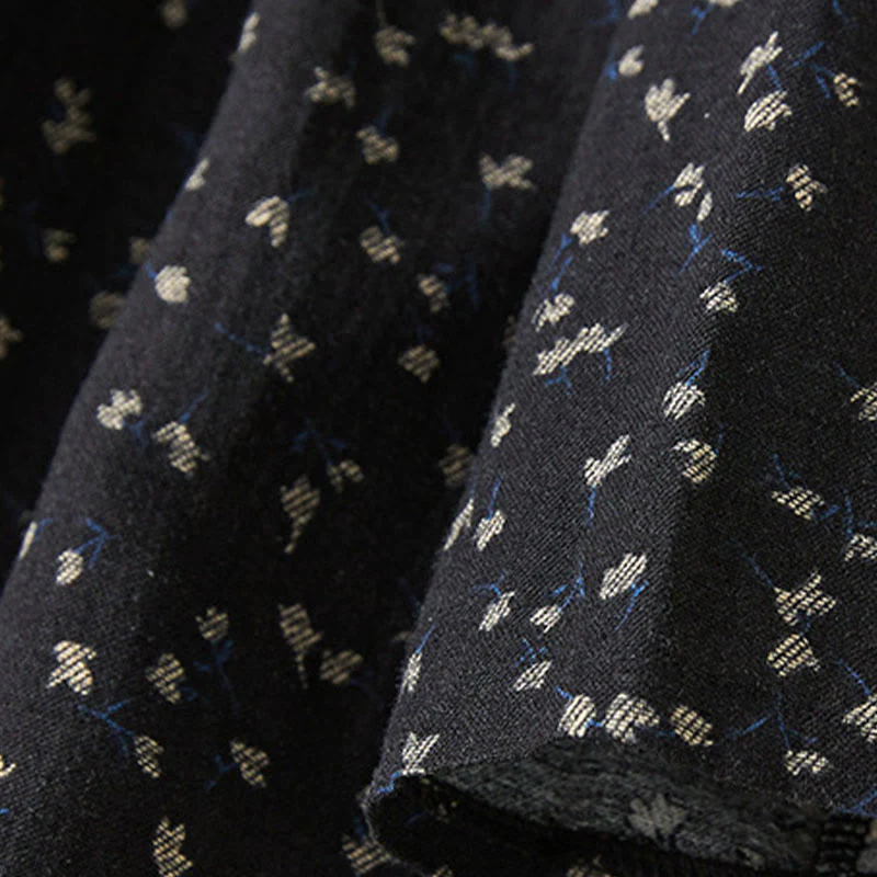 Buddha Stones Fall Printing Floral Buttons Lace Lapel Design Cotton Linen Midi Dress With Pockets