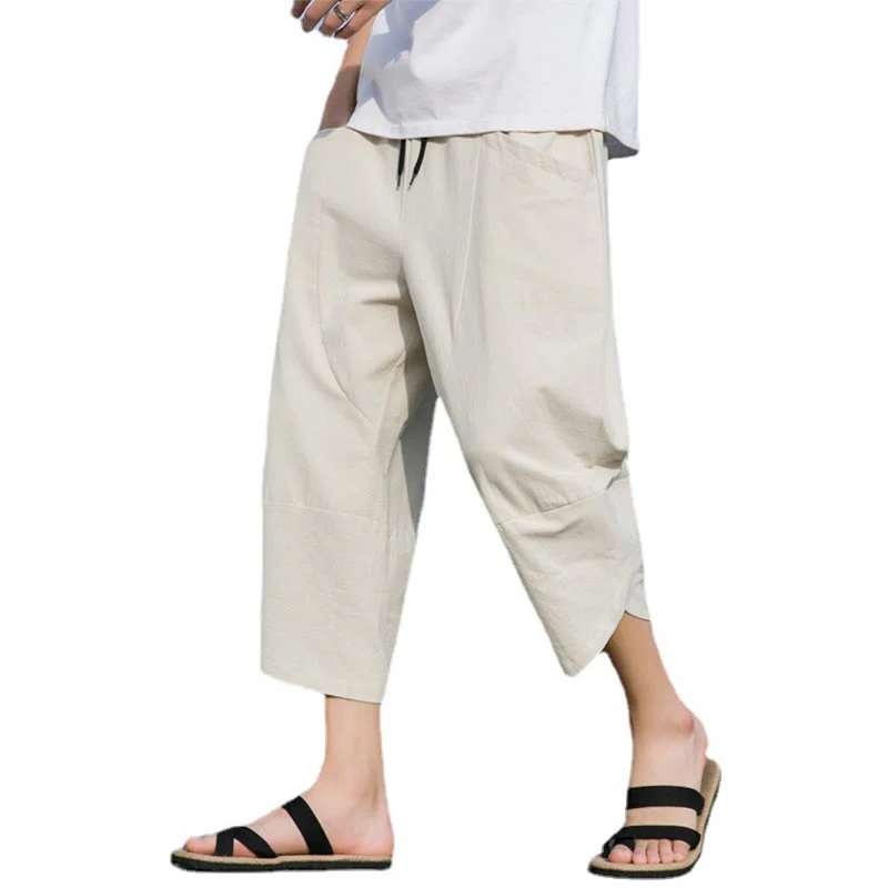 Buddha Stones Summer Casual Simple Plain Tapered Design Drawstring Men's  7-8 Length Cotton Linen Pants With Pockets