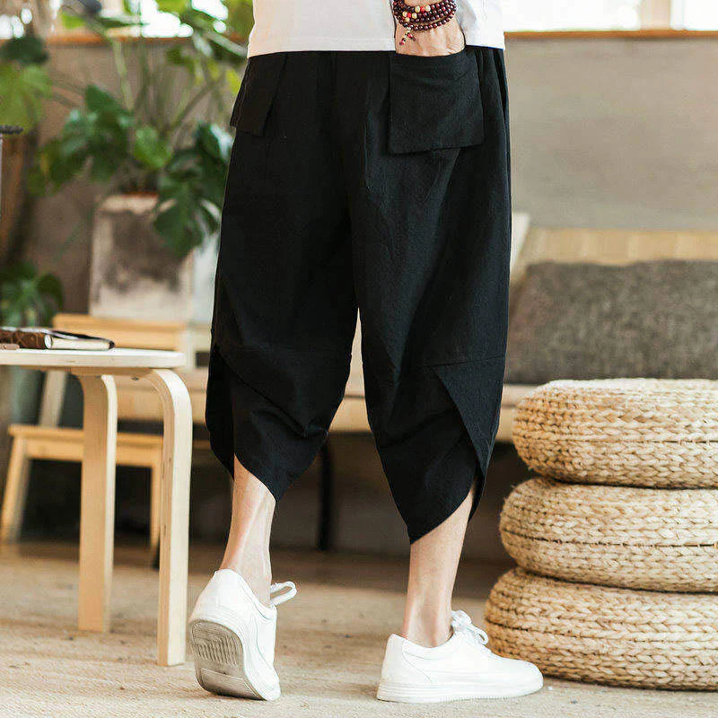 Buddha Stones White Crane Clouds Embroidery Cotton Linen Men's 7-8 Length Harem Pants With Pockets