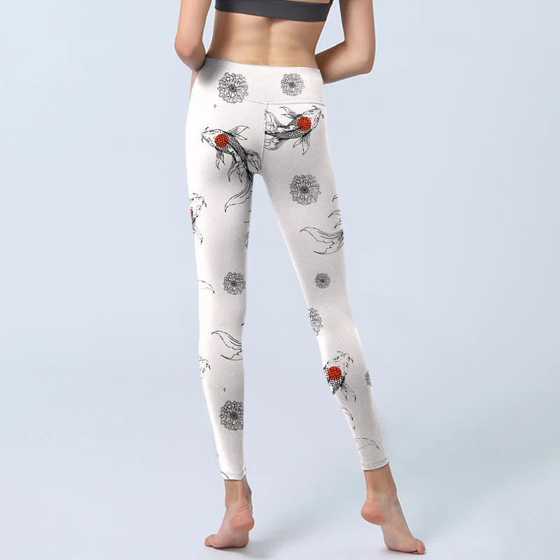 Buddha Stones Koi Fish Chrysanthemum Pattern Print Gym Leggings Women's Yoga Pants