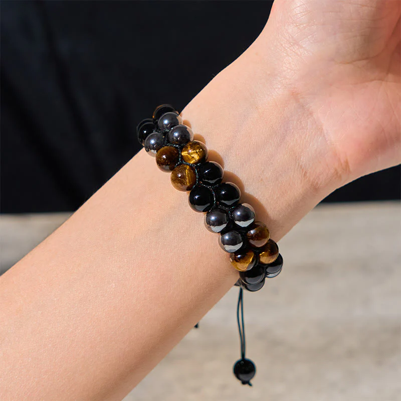 Buddha Stones Natural Tiger Eye Black Magnetite Black Onyx Double Row Beads Protection Bracelet