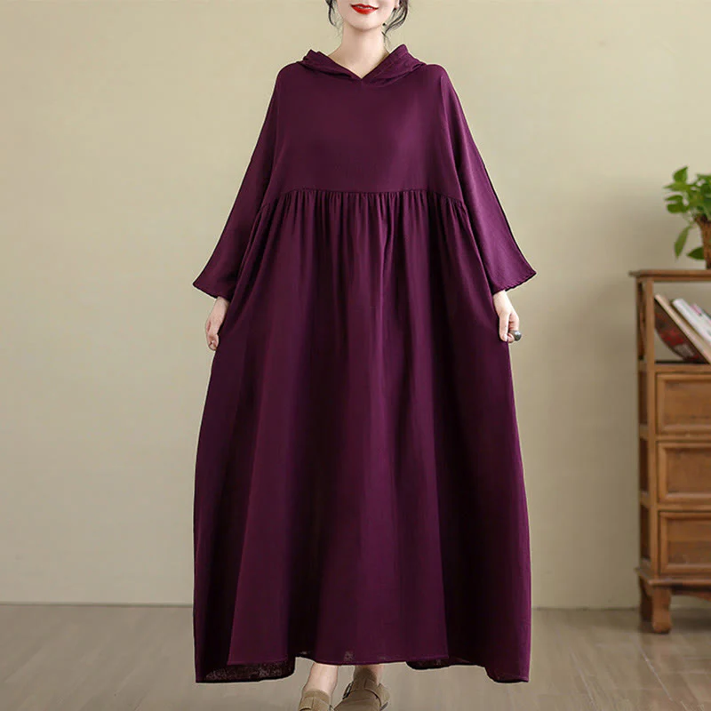 Buddha Stones Fall Hoodie Design Long Sleeve Cotton Linen Midi Dress With Pockets