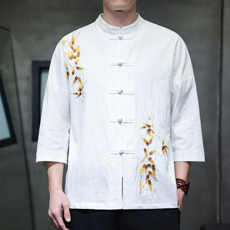 Buddha Stones Embroidery Men's  Chinese Frog-Button Three Quarter Sleeve Shirt Clothing