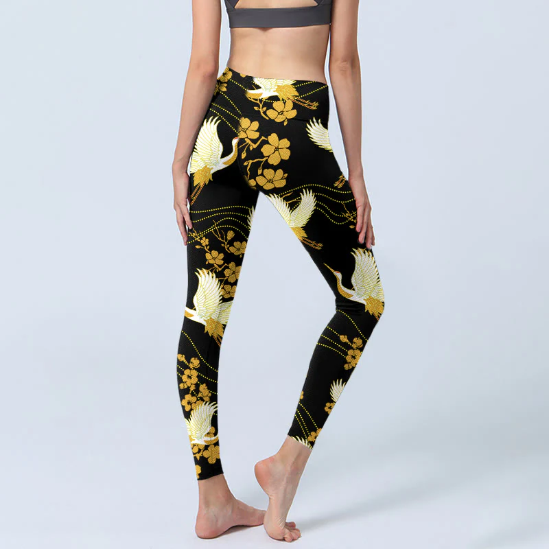 Buddha Stones Red-crowned Cranes Golden Flowers Line Pattern Print Gym Leggings Women's Yoga Pants