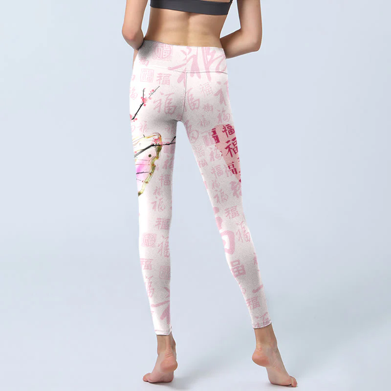 Buddha Stones Butterfly Plum Blossom Fu Character Pattern Print Gym Leggings Women's Yoga Pants