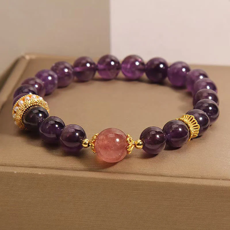 Buddha Stones Natural Amethyst Lucky Strawberry Quartz Beads Peace Bracelet