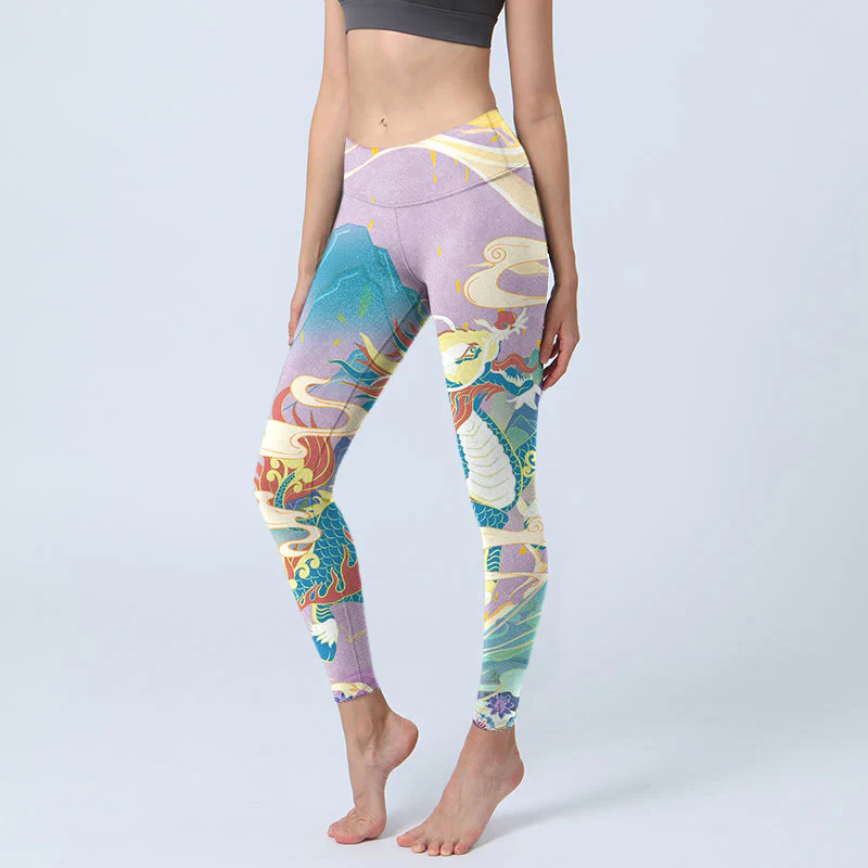 Buddha Stones Purple Dragon Auspicious Clouds Print Gym Leggings Women's Yoga Pants