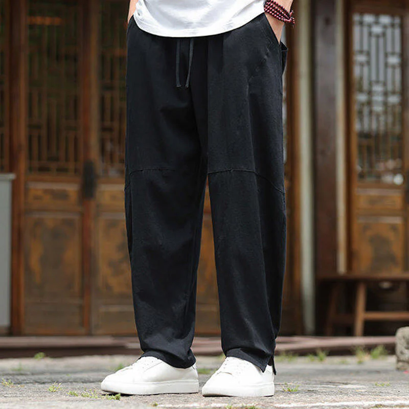 Buddha Stones Solid Drawstring Men's Elastic Waistband Cotton Linen Pants With Pockets