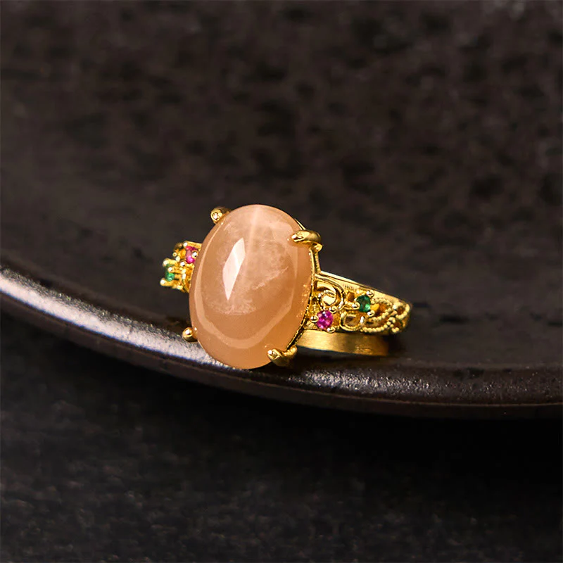 Buddha Stones Hollow Vine Design Peach Moonstone Adjustable Happiness Ring