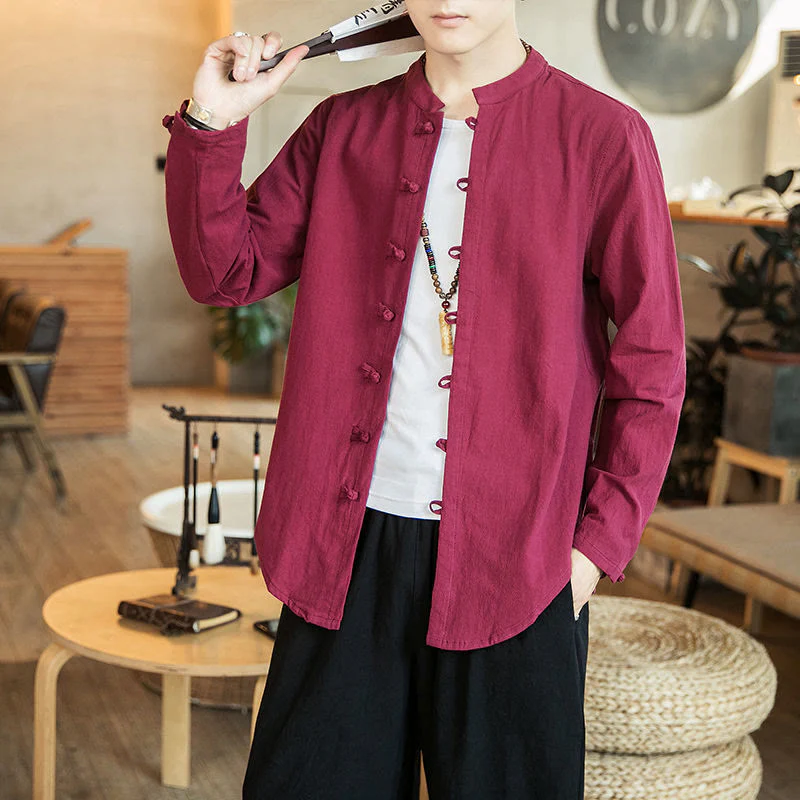 Buddha Stones Casual Stand Collar Frog-Button Long Sleeve Tang Suit Linen Men's Shirt