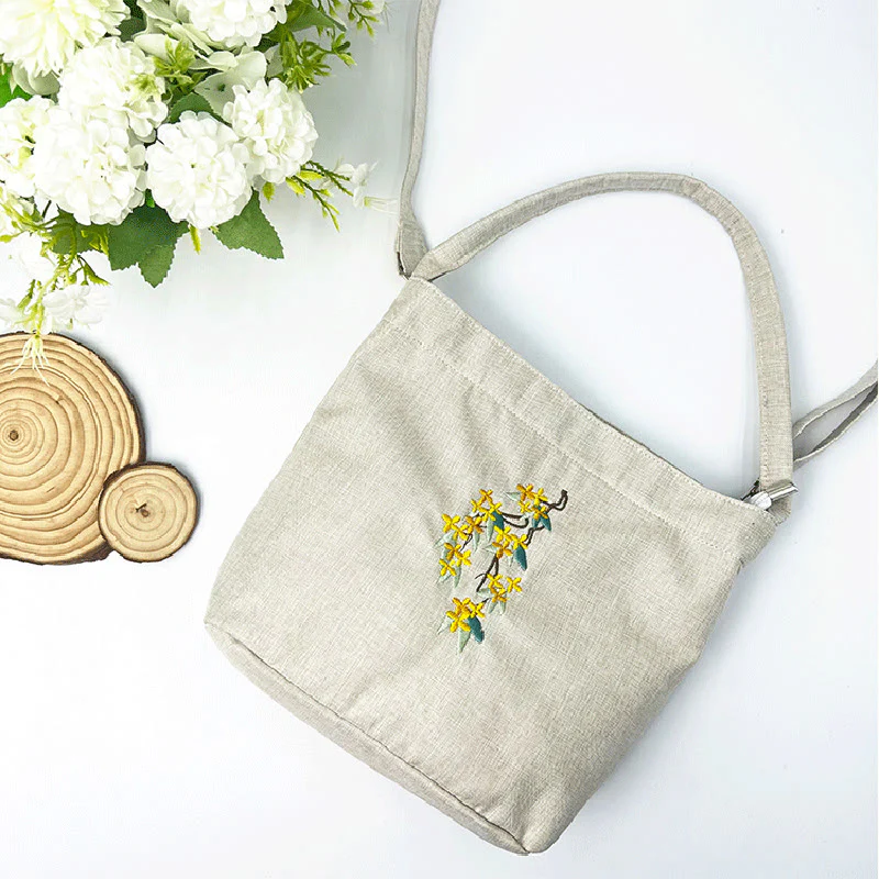 Buddha Stones Embroidery Wisteria Plum Lotus Cherry Blossom Cotton Linen Canvas Tote Crossbody Bag Shoulder Bag Handbag