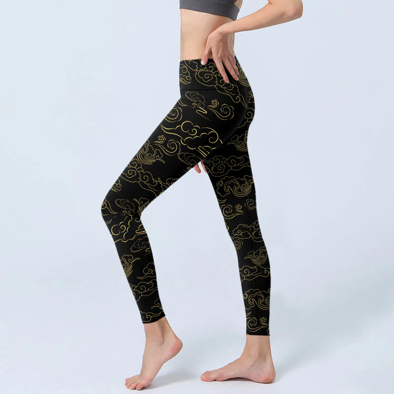 Buddha Stones Golden Clouds Print Gym Leggings Women's Yoga Pants