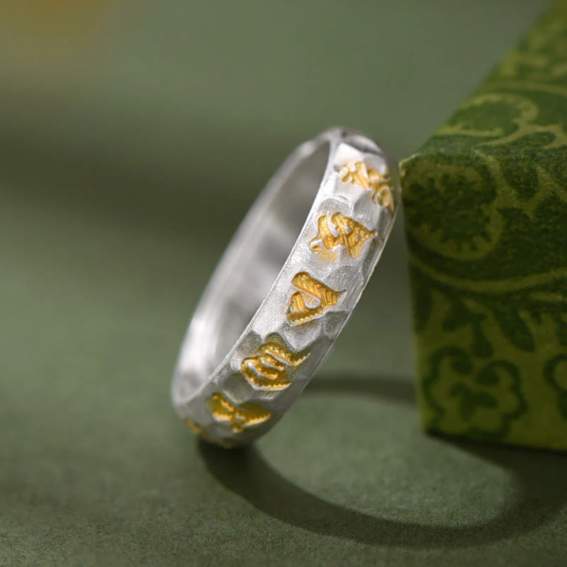 Buddha Stones Hammer Pattern Om Mani Padme Hum Copper Plated Silver Wealth Ring