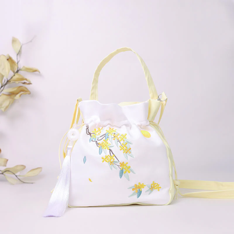 Buddha Stones Embroidered Osmanthus Peony Grape Cat Cotton Linen Tote Crossbody Bag Shoulder Bag Handbag