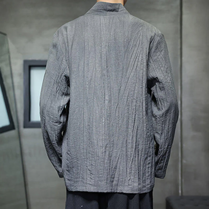 Buddha Stones Plain V-Neck Long Sleeve Men's Linen Shirt