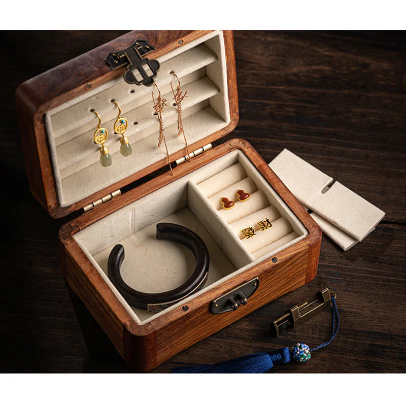 Buddha Stones Retro Handmade Floral Pattern Rosewood Jewelry Storage Box Lockable Wooden Gift Organizer Box