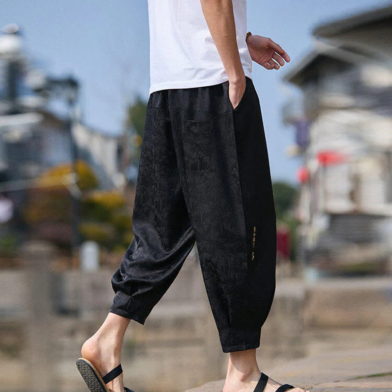 Buddha Stones Summer Character Embroidery Design Drawstring Men's 7-8 Length Pants With Pockets
