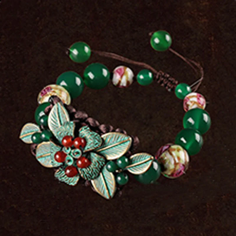 Buddha Stones Green Agate Glass Flower Beads Braided Knot Support Bracelet