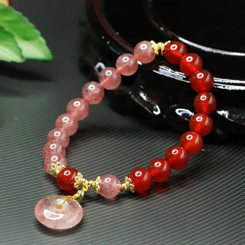 Buddha Stones Strawberry Quartz Red Agate Peace Buckle Positive Luck Bracelet