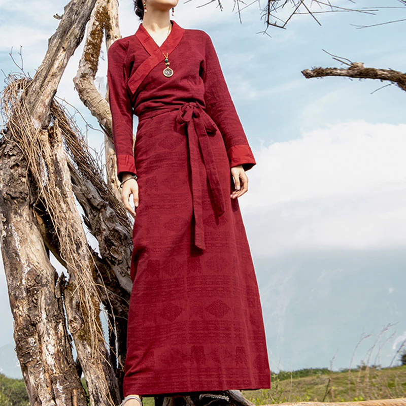 Buddha Stones Tibetan Dress Clothing Lhasa Long Wrap Dress Maxi Dress Women Clothing