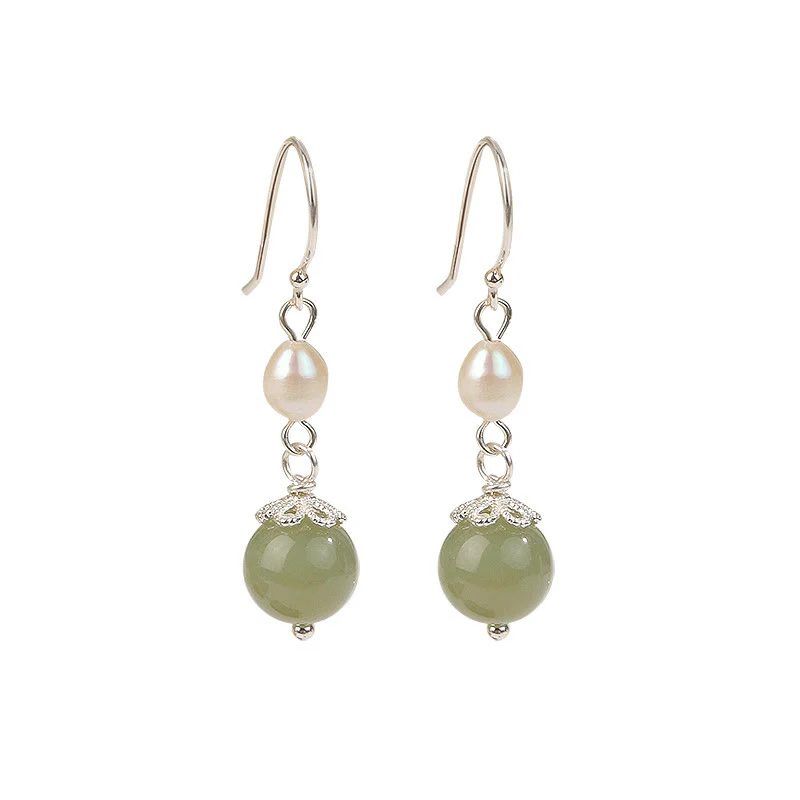 Buddha Stones 925 Sterling Silver Natural Pearl Jade Wisdom Earrings
