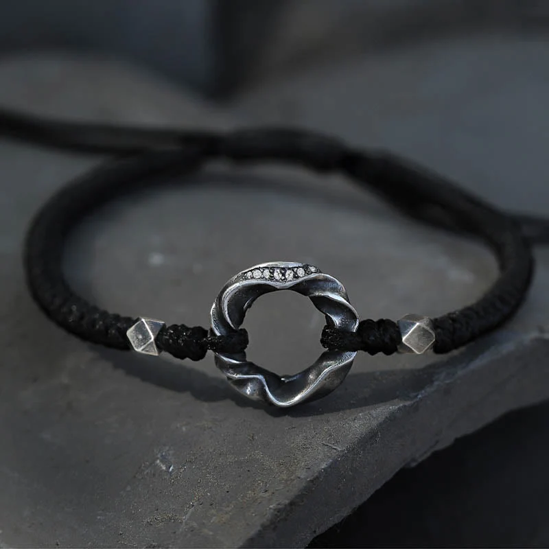 Buddha Stones 999 Sterling Silver Peace Buckle Black Wax Rope Protection Bracelet