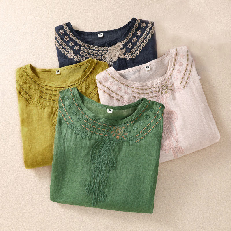 Buddha Stones Women's Crew Neck Hollow Design Half Sleeve Cotton Linen Shirt