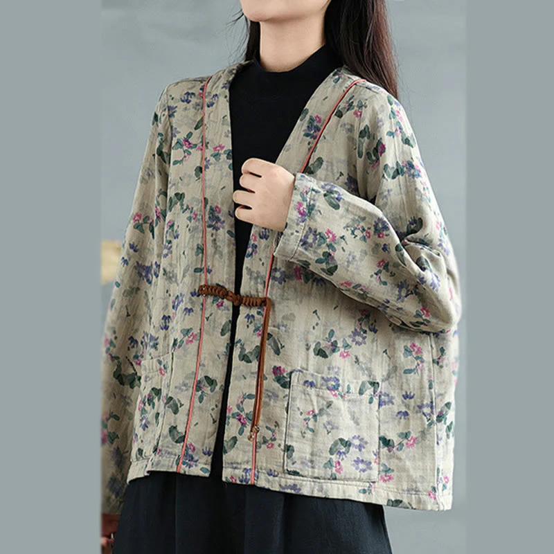 Buddha Stones Printing Floral Frog-Button Open Front Cardigan Cotton Linen Jacket With Pockets