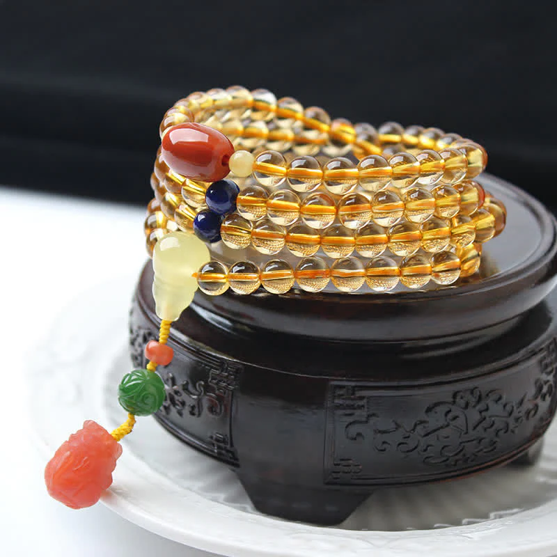 108 Mala Beads Natural Citrine Amber Peace Buckle Red Agate PiXiu Protection Charm Bracelet