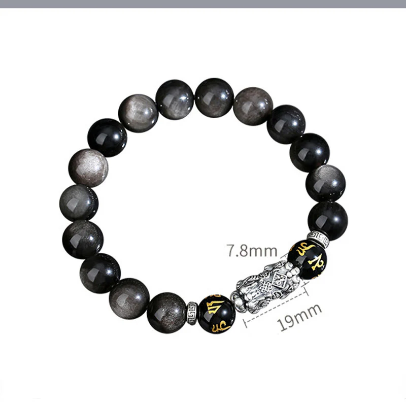 Buddha Stones 999 Sterling Silver PiXiu Natural Black Obsidian Strength Bracelet