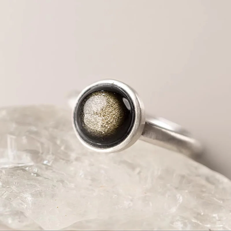 Buddha Stones Natural 925 Sterling Silver Gold Sheen Obsidian Adjustable Wealth Ring
