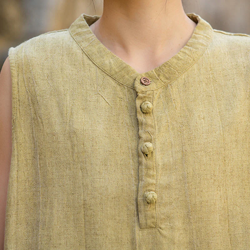 Buddha Stones Summer Tie-dye Buttons Linen Sleeveless Women's Vest