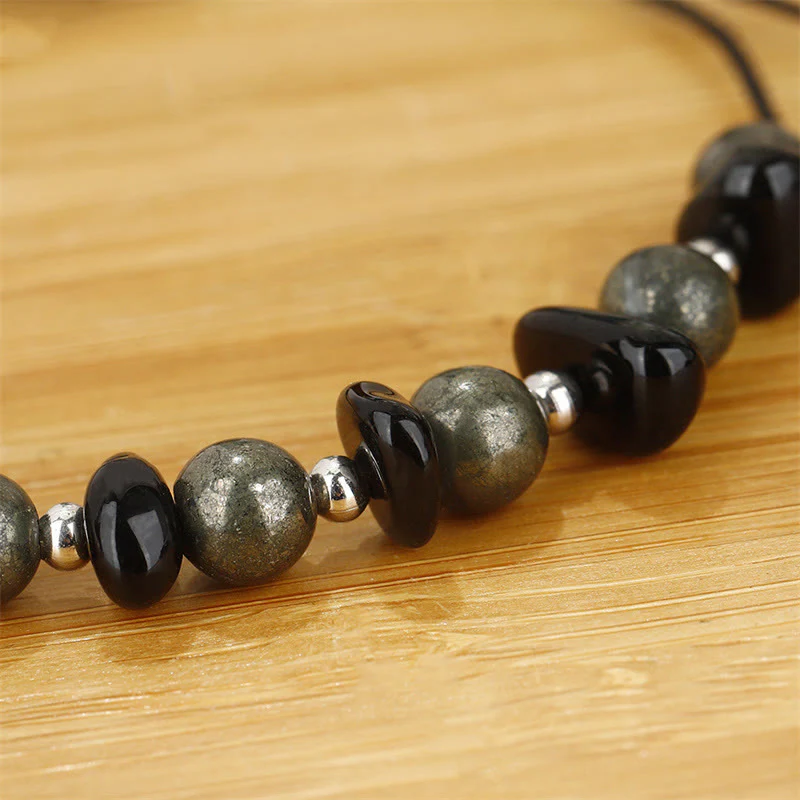 Buddha Stones I Am Protected Iron Pyrite Black Obsidian Fulfillment Bracelet