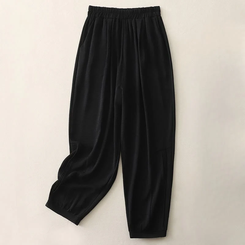 Buddha Stones Summer Commute Plain Pleated Design 7-8 Length Women's Harem Cotton Linen Pants With Pockets