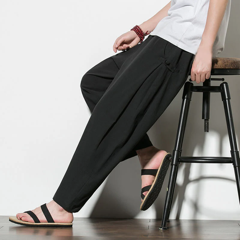 Buddha Stones Summer Side Frog-Button Design Men's Cotton Linen Pants With Pockets