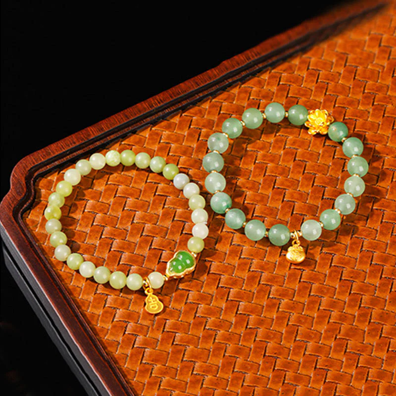 Buddha Stones Natural Jade Green Aventurine Gourd Fu Character Luck Bracelet